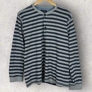 Duchamp London Grey Blue Striped Long Sleeve Henley Shirt Mens Size Large Casual